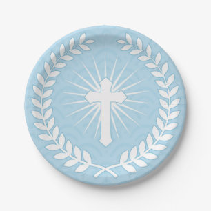 Lorbeer, Kreuz, blaues religiöses Pappteller