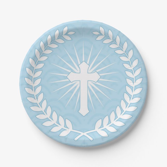 Lorbeer, Kreuz, blaues religiöses Pappteller (Vorderseite)