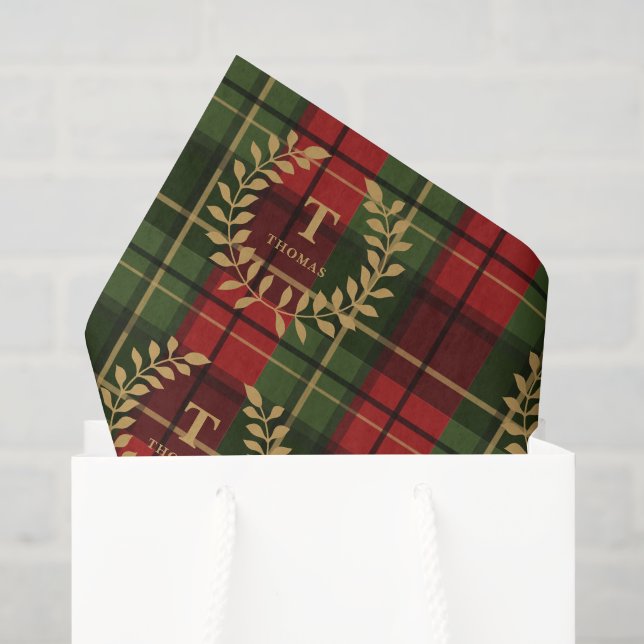 Lorbeer-Monogramm auf rotem und grünem Weihnachtsk Seidenpapier (Geschenktüte)