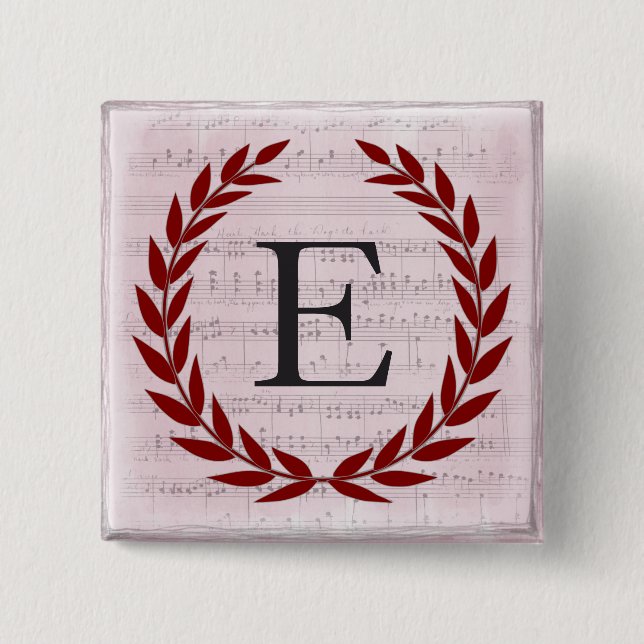 Lorbeerkranz Notenblatt Monogramm Initiale E Button (Vorderseite)