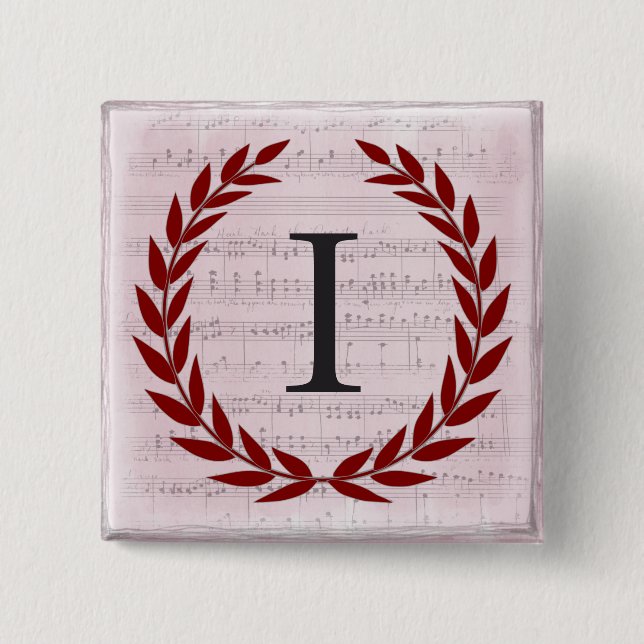 Lorbeerkranz Notenblatt Monogramm Initiale I Button (Vorderseite)