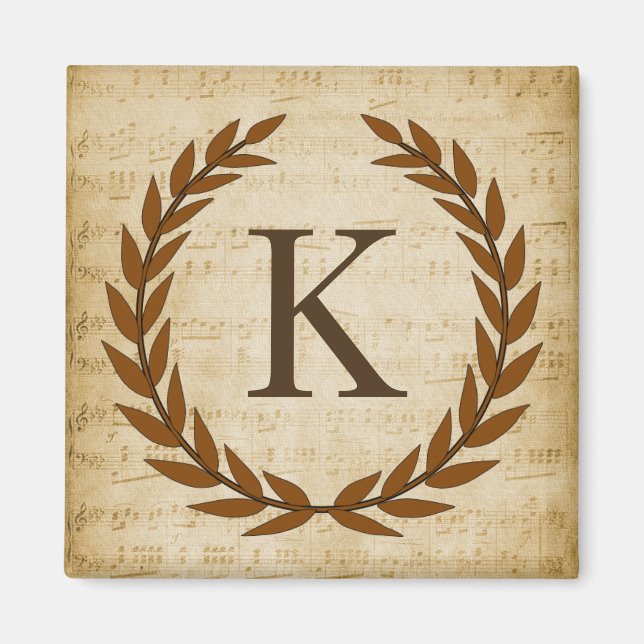 Lorbeerkranz Notenblatt Monogramm Initiale K Magnet (Vorne)