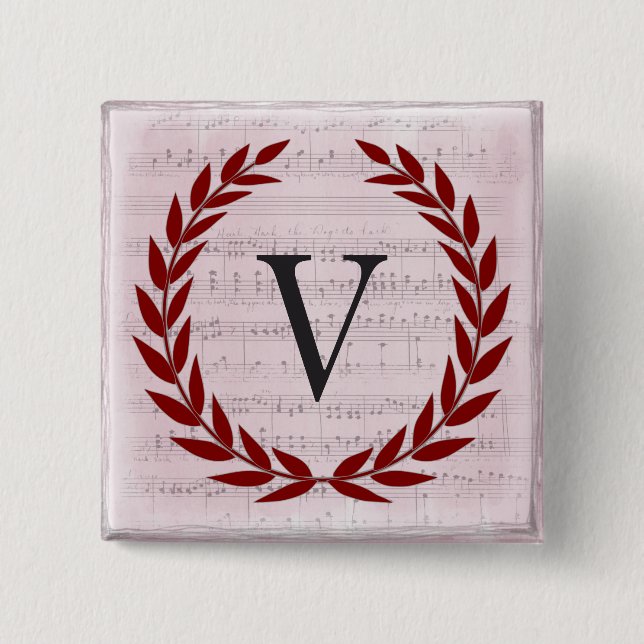 Lorbeerkranz Notenblatt Monogramm Initiale V Button (Vorderseite)