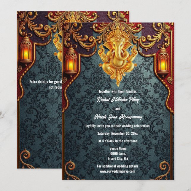 Lord Ganesh blue gold luxuriöse indische Hochzeit Einladung (Vorne/Hinten)