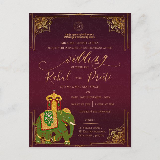 Lord Ganesh Red Gold Indian Wedding Einladung Postkarte (Vorderseite)