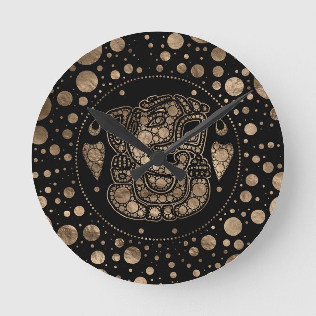 Lord Ganesha Gold and Black Dot Art Runde Wanduhr (Vorderseite)
