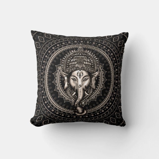 Lord Ganesha - Sepia-Schwarzes Kissen (Vorderseite)