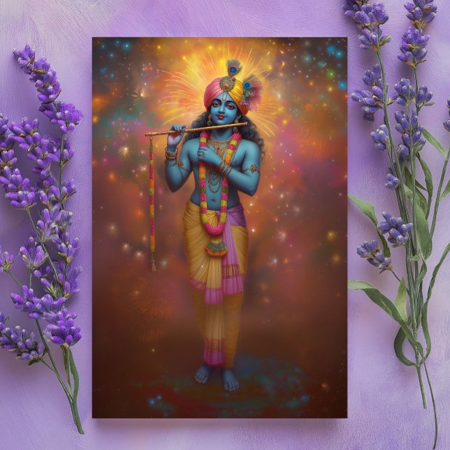 Lord Krishna Pastel Rainbow Feuerwerke Hindu Art Postkarte (Von Creator hochgeladen)