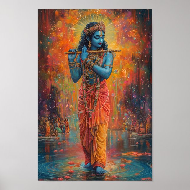 Lord Krishna spielt Flute Orange Blue Art Poster (Vorne)