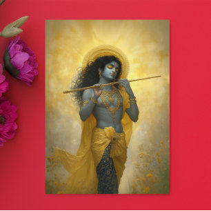 Lord Krishna spielte flute Goldene Gelbe Kunst Postkarte