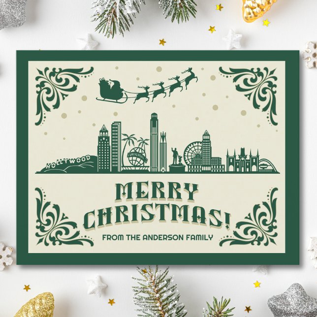 Los Angeles, CA Skyline Christmas Holiday Carte po (Los Angeles, CA skyline christmas card green modern merry christmas postcard with custom details)