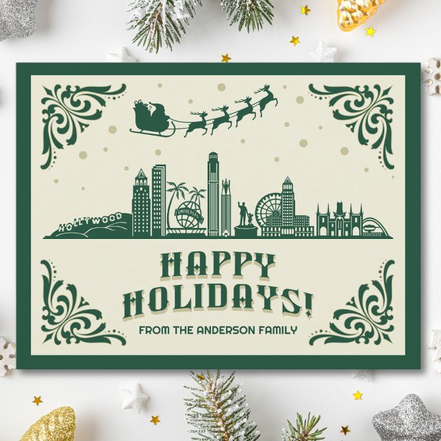 Los Angeles, CA Skyline Happy Holidays Carte posta ("happy holidays" Los Angeles, CA skyline holiday christmas postcard modern design Santa green)