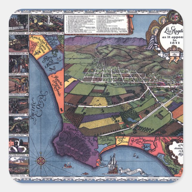 Los Angeles, Kalifornien, antike Luftkarte Quadratischer Aufkleber (Vorderseite)