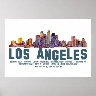 Los Angeles Skyline. Bereichsnamen und Koordinaten Poster