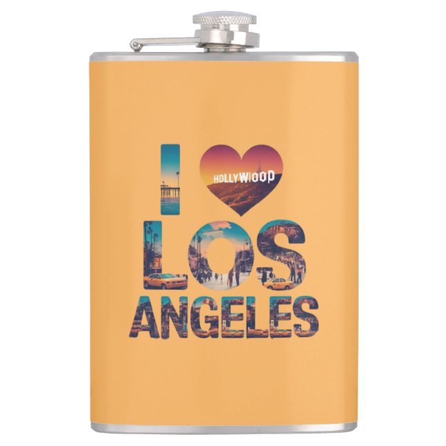 Los Angeles Skyline Sunset & Hollywood Typografie Flachmann (Vorderseite)