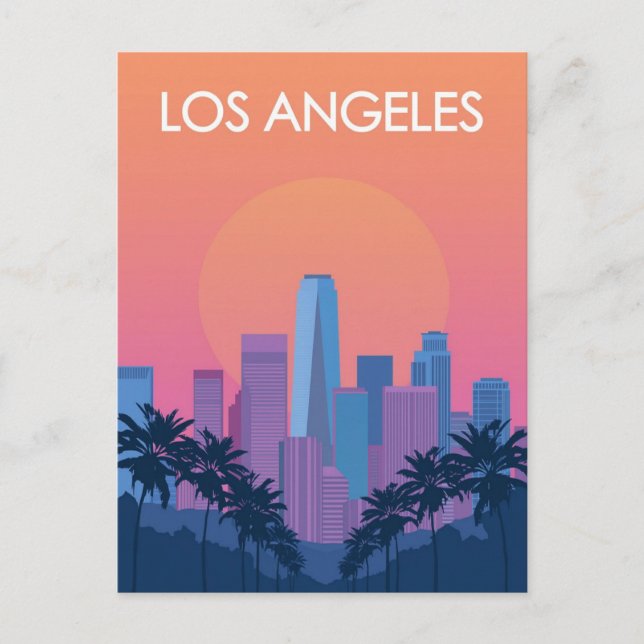 Los Angeles Skyline Sunset mit Palmen Postkarte (Vorderseite)