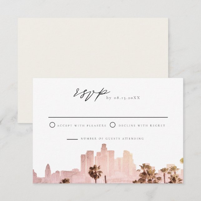 LOS ANGELES Watercolor Skyline Wedding RSVP Einladung (Vorne/Hinten)