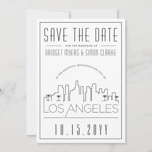 Los Angeles Wedding Stylized Skyline Save the Date Einladung (Vorderseite)