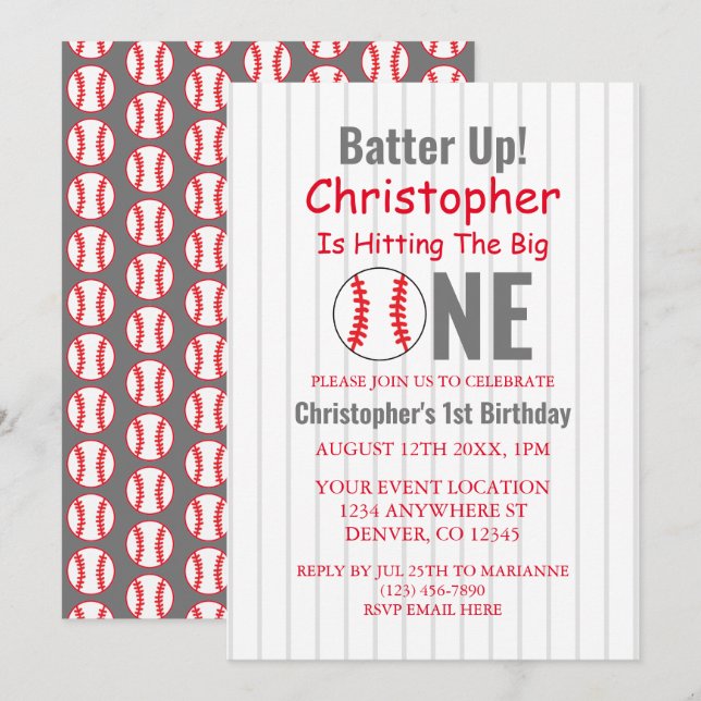 Los! Baseball 1. Geburtstag Einladung (Vorne/Hinten)