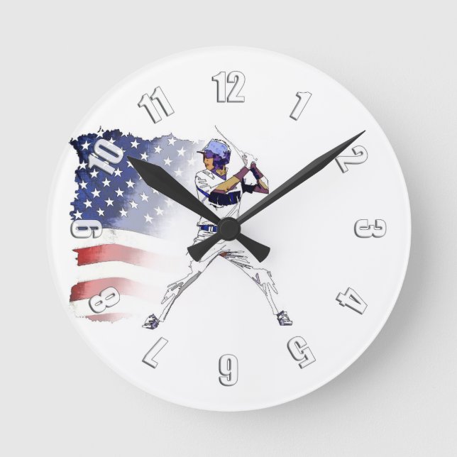 Los! - Baseball Player und US-Flagge Runde Wanduhr (Vorderseite)