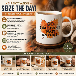 Los geht's, keine Zeit warten; Herbstblätter Mot Kaffeetasse