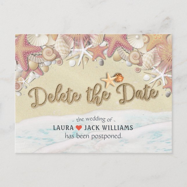 Löschen Sie das Datum Hochzeitssommerstrand Ankündigungspostkarte (Vorderseite)