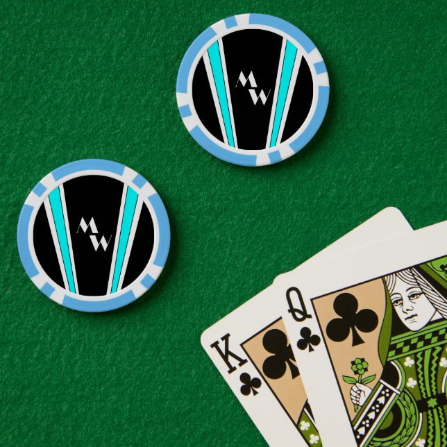 Lot De Jeton De Poker Art Déco Noir Et Bleu Monogramme (Table de poker (double))