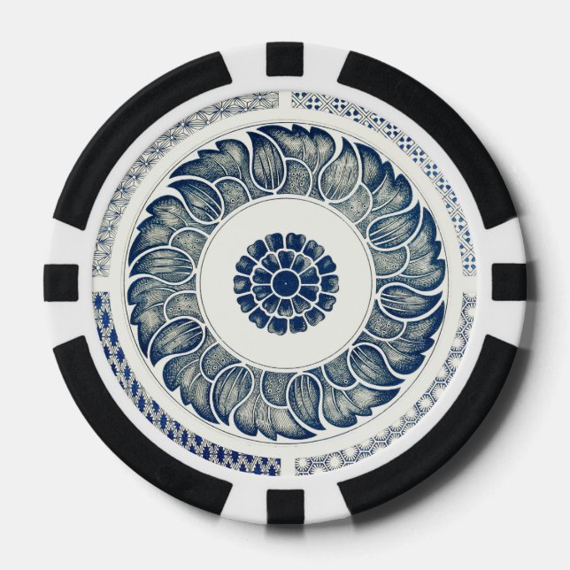 Lot De Jeton De Poker Blanc bleu Floral chinois rond (Recto)