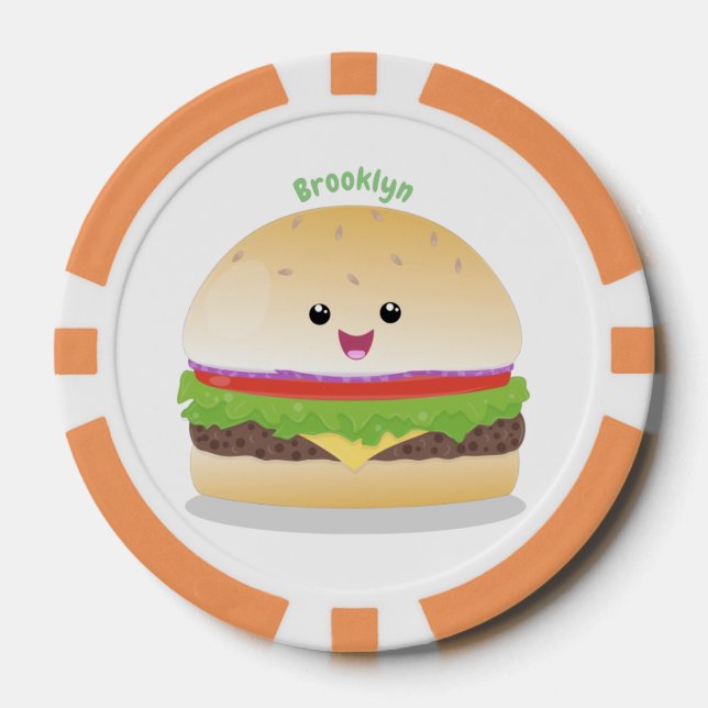 Lot De Jeton De Poker Caricature de hamburger kawaii joyeux (Recto)