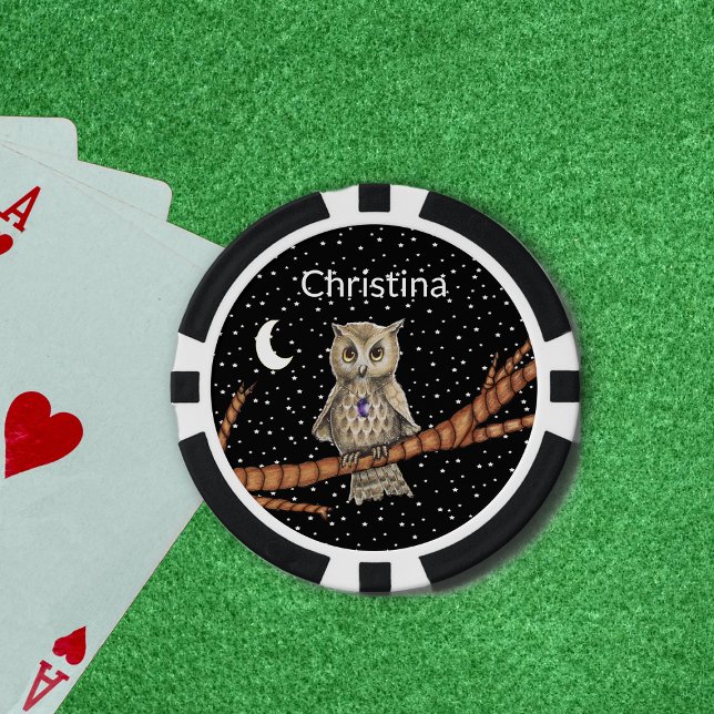 Lot De Jeton De Poker Chouette Branche Crystal Collier Lune Étoiles (Pretty owl purple crystal necklace on branch moon stars black poker chips.)