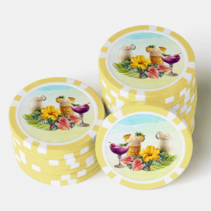 Lot De Jeton De Poker Cocktails Tropicaux Fleurs Hawaïennes grandes Feui