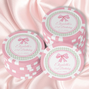 Lot De Jeton De Poker Coquette Bow Rose Et Sage En vichy Anniversaire