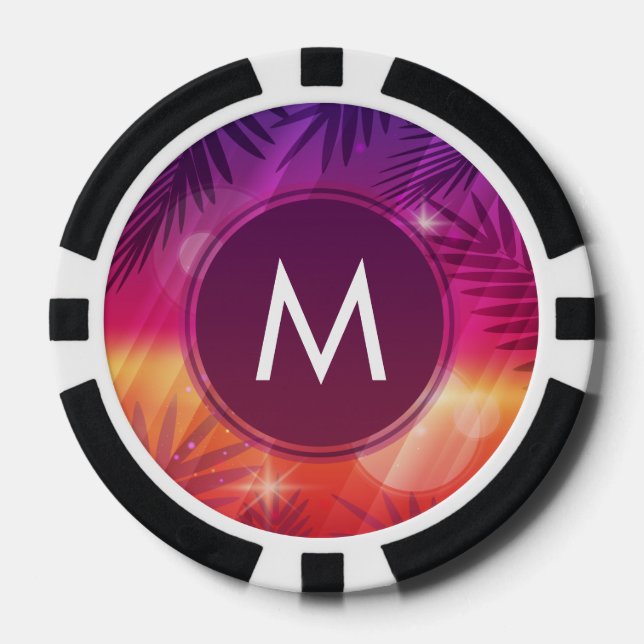 Lot De Jeton De Poker Coucher de soleil d'été Palmiers Monogramme violet (Recto)