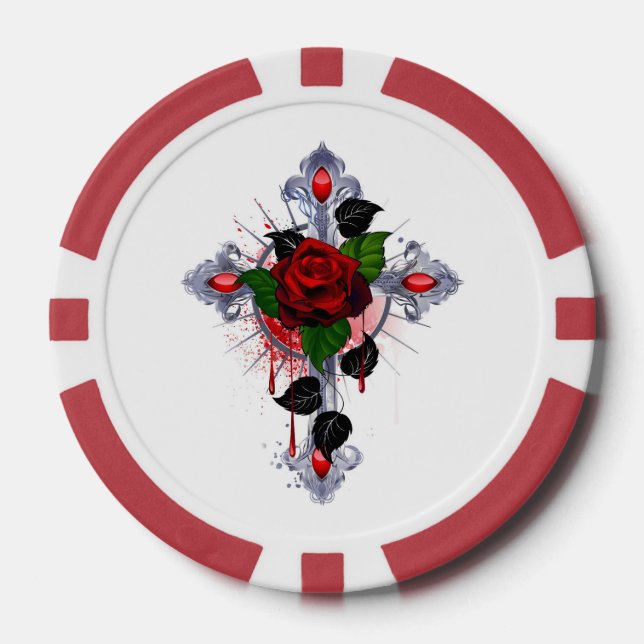 Lot De Jeton De Poker Croix d'argent avec une rose rouge (Recto)