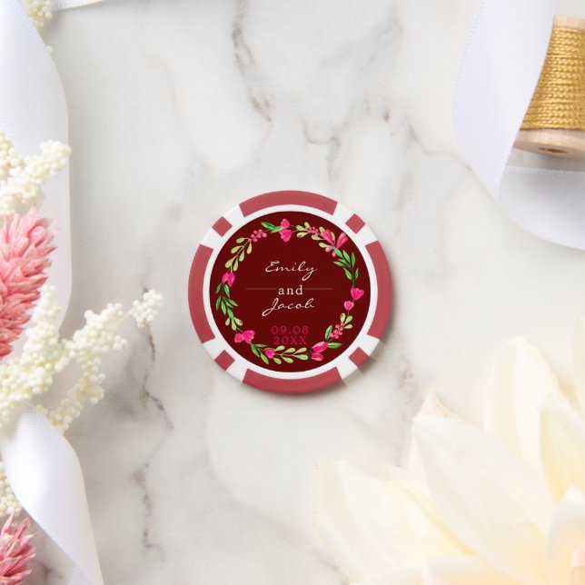 Lot De Jeton De Poker Élégant Mariage rose fleuri foncé rouge (Mariage)
