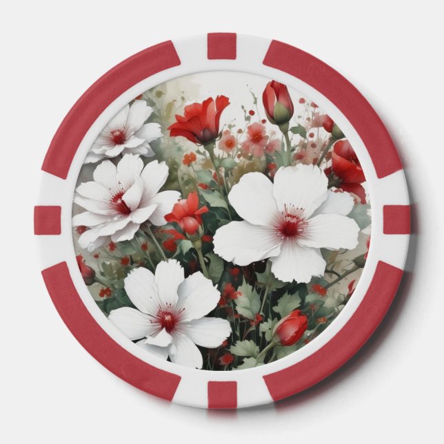 Lot De Jeton De Poker Fleurs blanches et rouges Elégante aquarelle (Recto)
