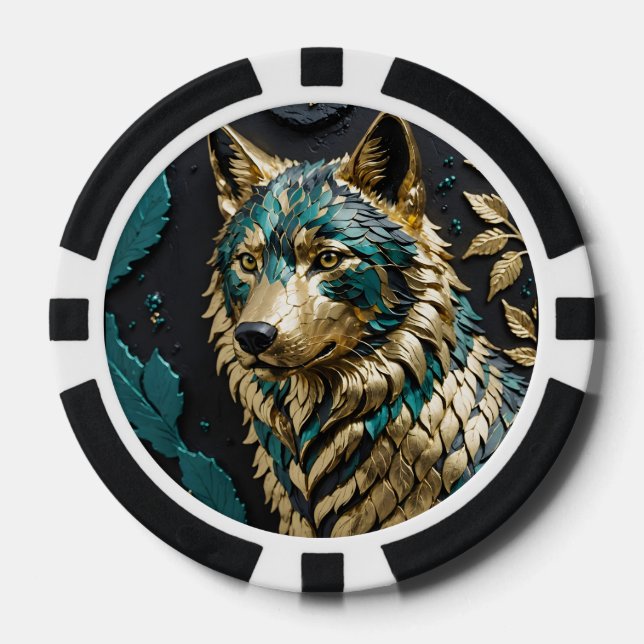 Lot De Jeton De Poker Loup turquoise et or (Recto)