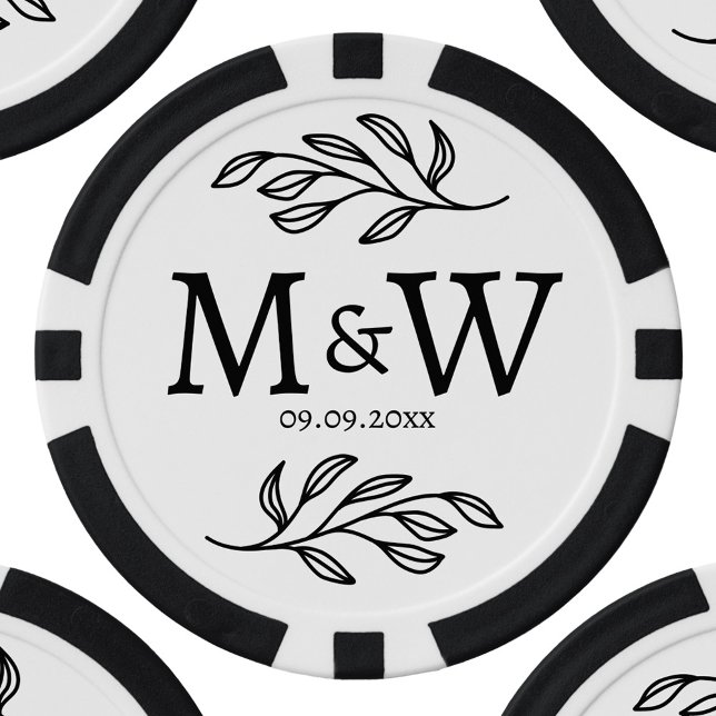 Lot De Jeton De Poker Mariage Couple Monogramme Date Élégante Botanique (Wedding couple monogram initials and date personalized botanical poker chip)