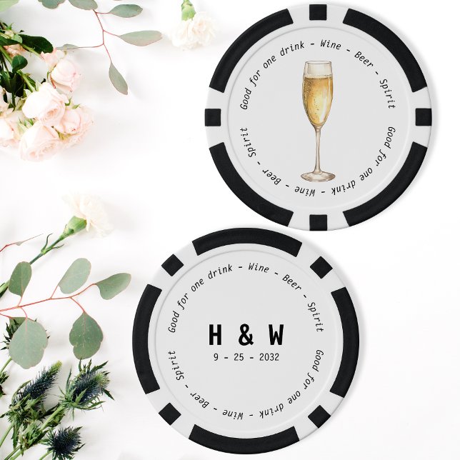 Lot De Jeton De Poker Mariage du bon de boisson Black White (Modern Black White Champagne Drink Voucher Wedding Poker Chips)