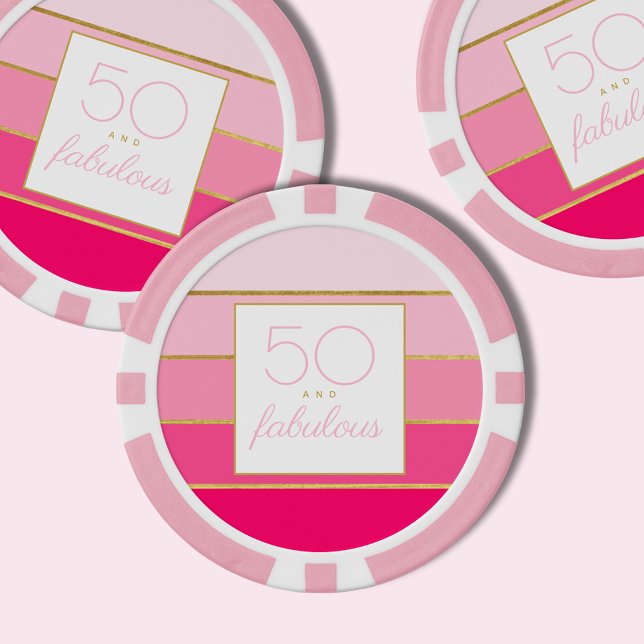 Lot De Jeton De Poker Modern Pink & Gold 50 et fabuleux anniversaire (50 and fabulous, pink and gold striped custom poker chips for 50th birthday party celebrations.)