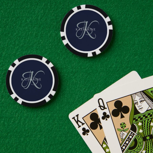 Lot De Jeton De Poker Monogramme moderne élégant Script Marine Bleu (Table de poker (double))