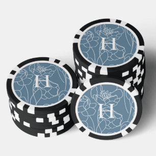 Lot De Jeton De Poker Monogramme Nom Bleu Moderne Fleur Sauvage