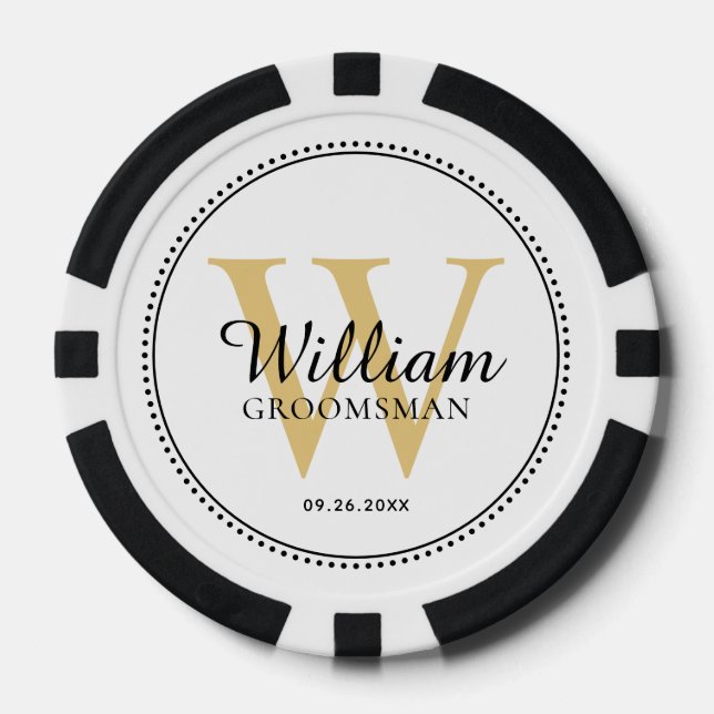 Lot De Jeton De Poker Monogramme or customisé Groomsman Blanc (Recto)