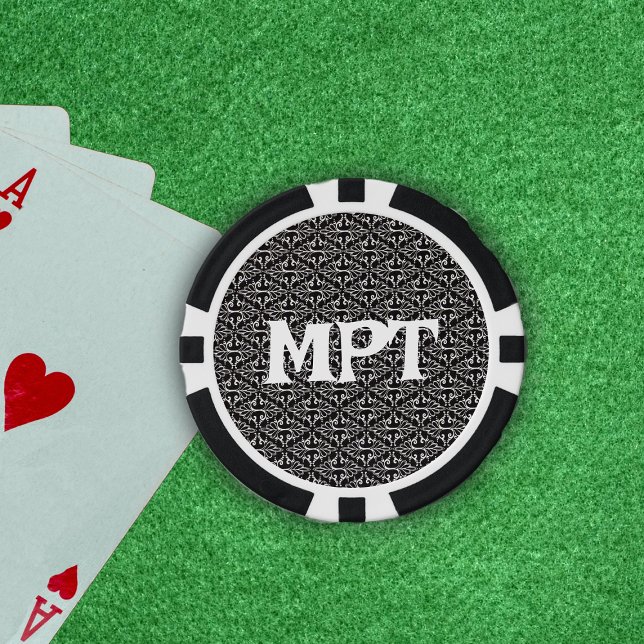 Lot De Jeton De Poker Motif Abstrait élégant de noir blanc Damask (Classy damask pattern in black and white with white scroll diamond shapes on poker chips.)