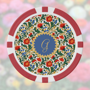 Lot De Jeton De Poker Style floral William Morris bleu rouge or vintage