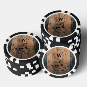 Lot De Jeton De Poker Texture en bois rustique et monogramme de cerfs su