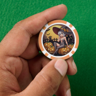 Lot De Jeton De Poker Une sorcière d'Halloween aux yeux verts sur Jack-O