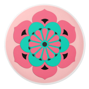 Lotos-BlumeMandala, korallenrotes Rosa und Türkis Keramikknauf