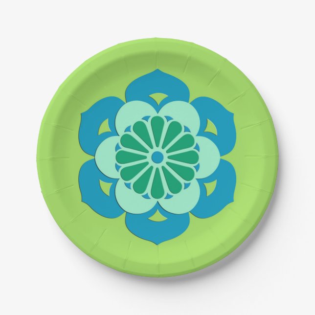 Lotos-BlumeMandala, Limones Grünes und hellblau Pappteller (Vorderseite)