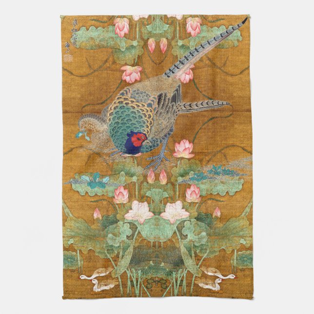 Lotos-Blumen-Fasan-Vogel-asiatisches Küchen-Tuch Küchentuch (Vertikal)